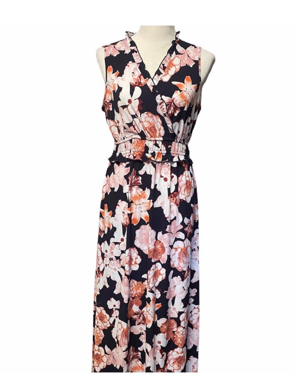 Elie McCarthy Floral V-Neck Maxi Dress in Navy